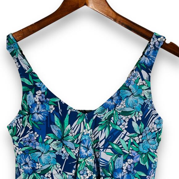 Fit 4 U Blue Floral Tankini Swim Top Mesh Overlay Handkerchief Hem Size 8 New - Picture 4 of 11